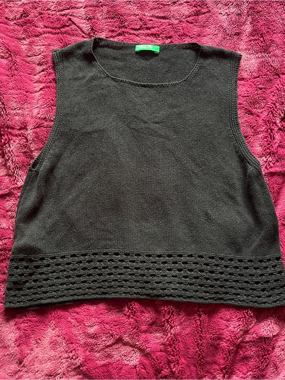 Vintage Of Benetton Black Sleeveless Knit Tank with Crochet Hem